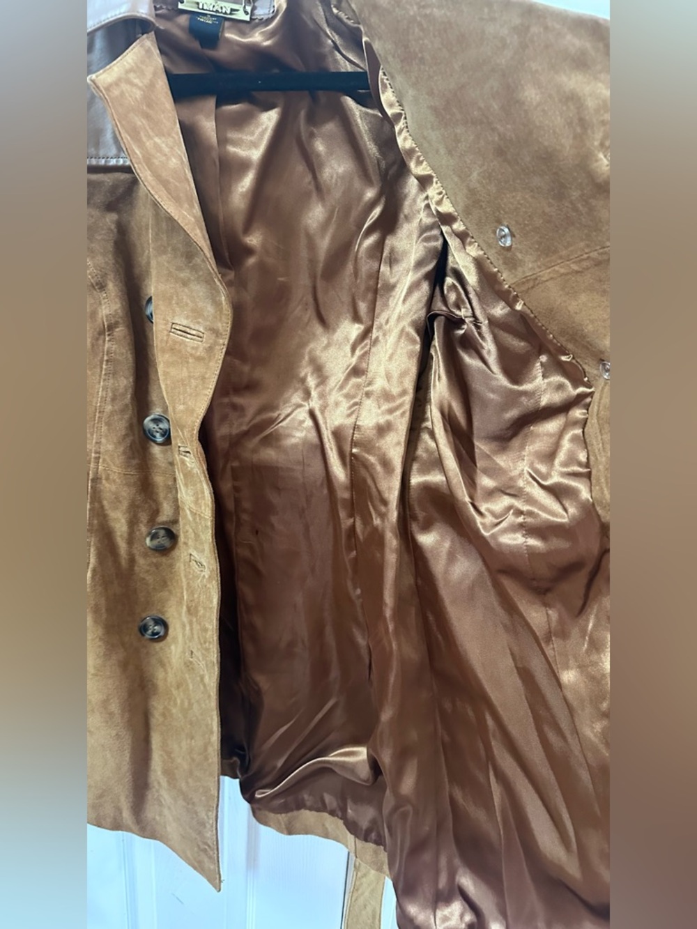 IMAN Two-Tone Brown Suede and Leather Trench Coat (mix26) - Picture 5 of 11